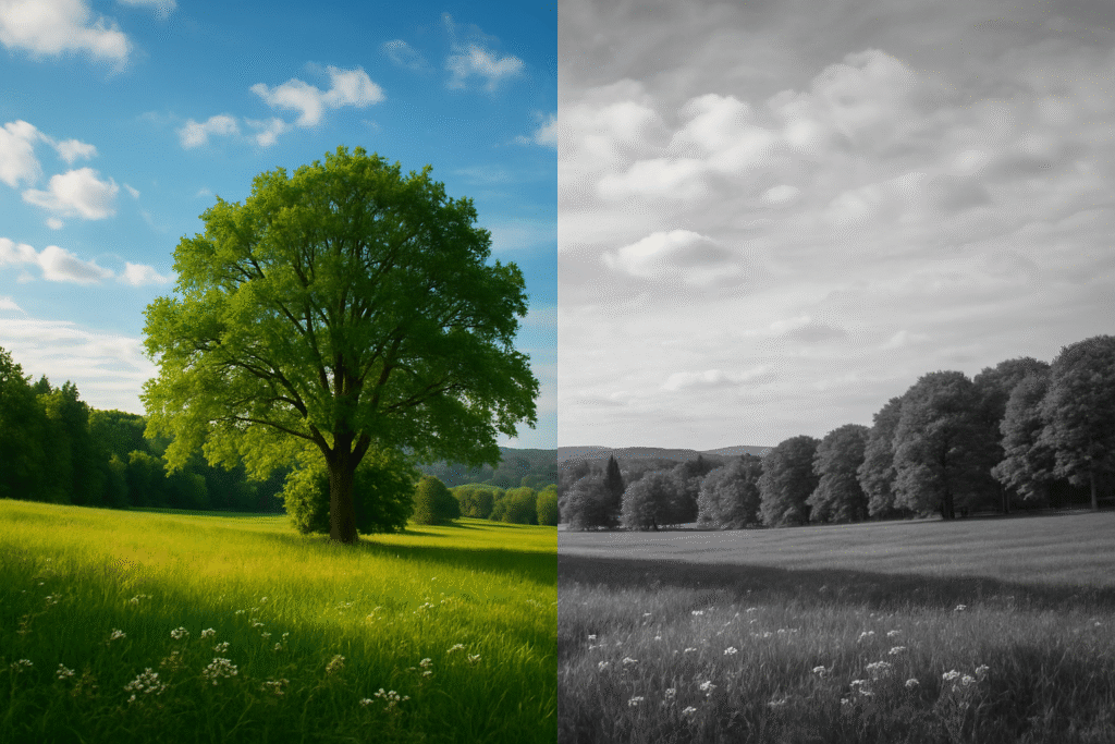 Acromatopsia: como é viver em um mundo sem cores? imagem representando uma paisagem metade coloriae metade preto e branco