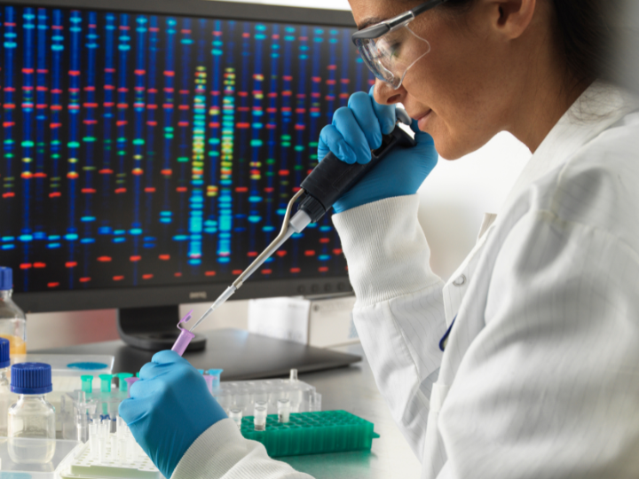 Como a genética ajuda a entender a evolução das espécies Pesquisadora analisando amostras de DNA em laboratório.
