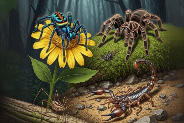 Desvendando o mundo dos aracnídeos grupo dos aracnídeos: aranhas, escorpiões, ácaros e carrapatos. Imagem feita po IA.